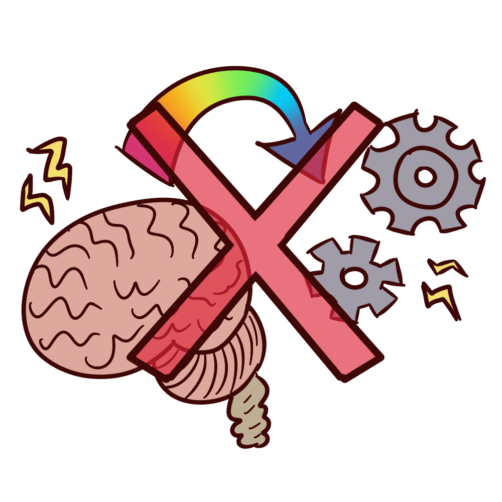 a rainbow arrow pointing from a brain to two gears with a red x over it